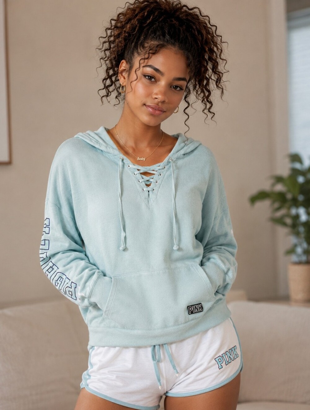 PINK Victoria's Secret Light Blue Lace-Up Hoodie